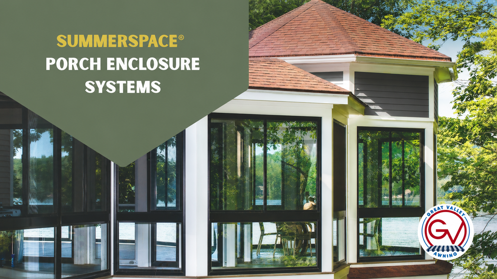 Summerspace Porch Enclosure Systems. Beautiful glass-walled porch enclosure featuring dark trim on a sunny Chester County back patio.
