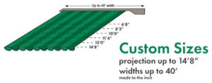 A size chart showing custom options for Sunesta awnings. Up to 40 feet in width, with protections of up0 to 14 feet 8 inches.