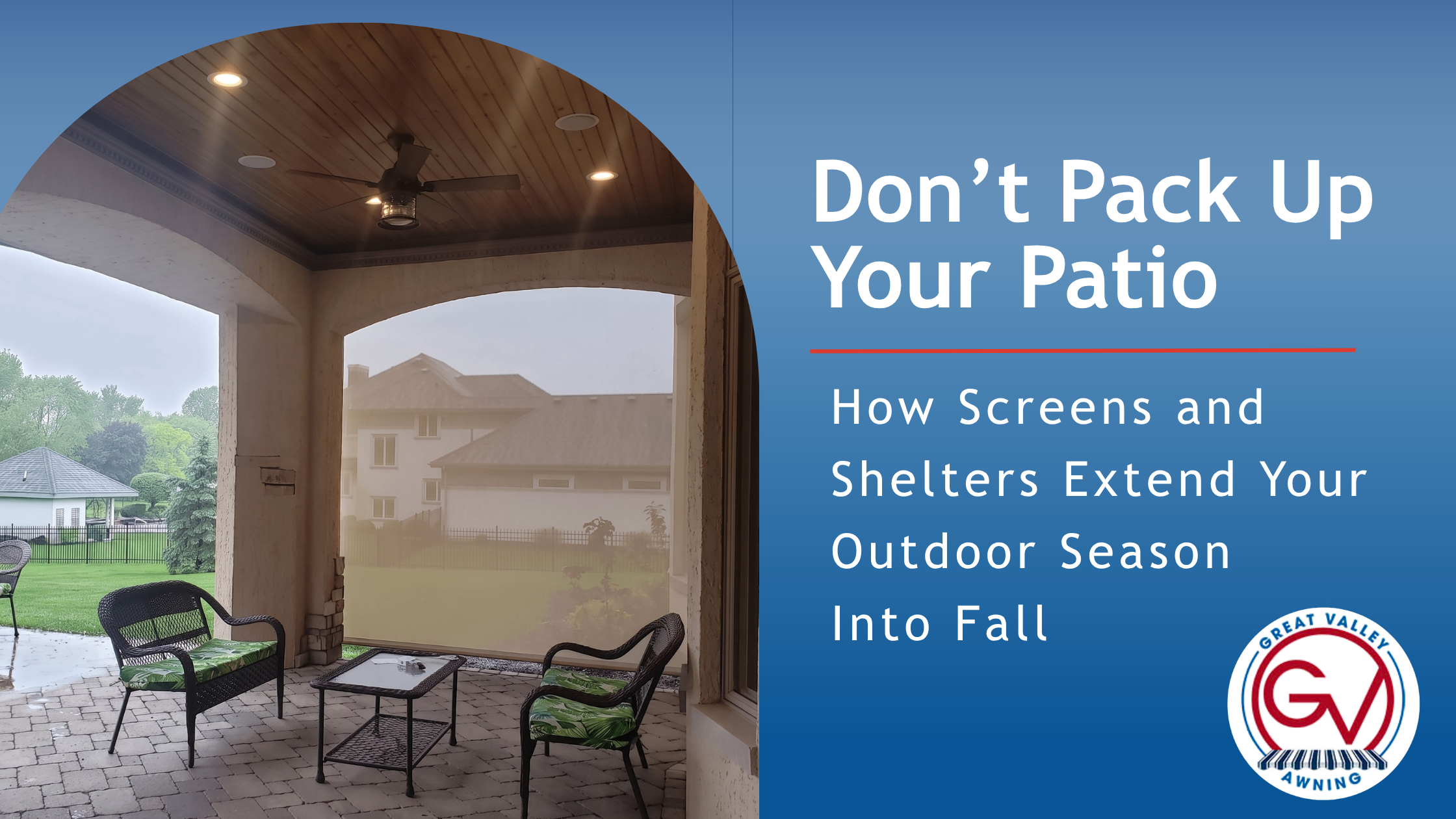 A partially enclosed outdoor patio/seating area sheltered by a retractable screen.